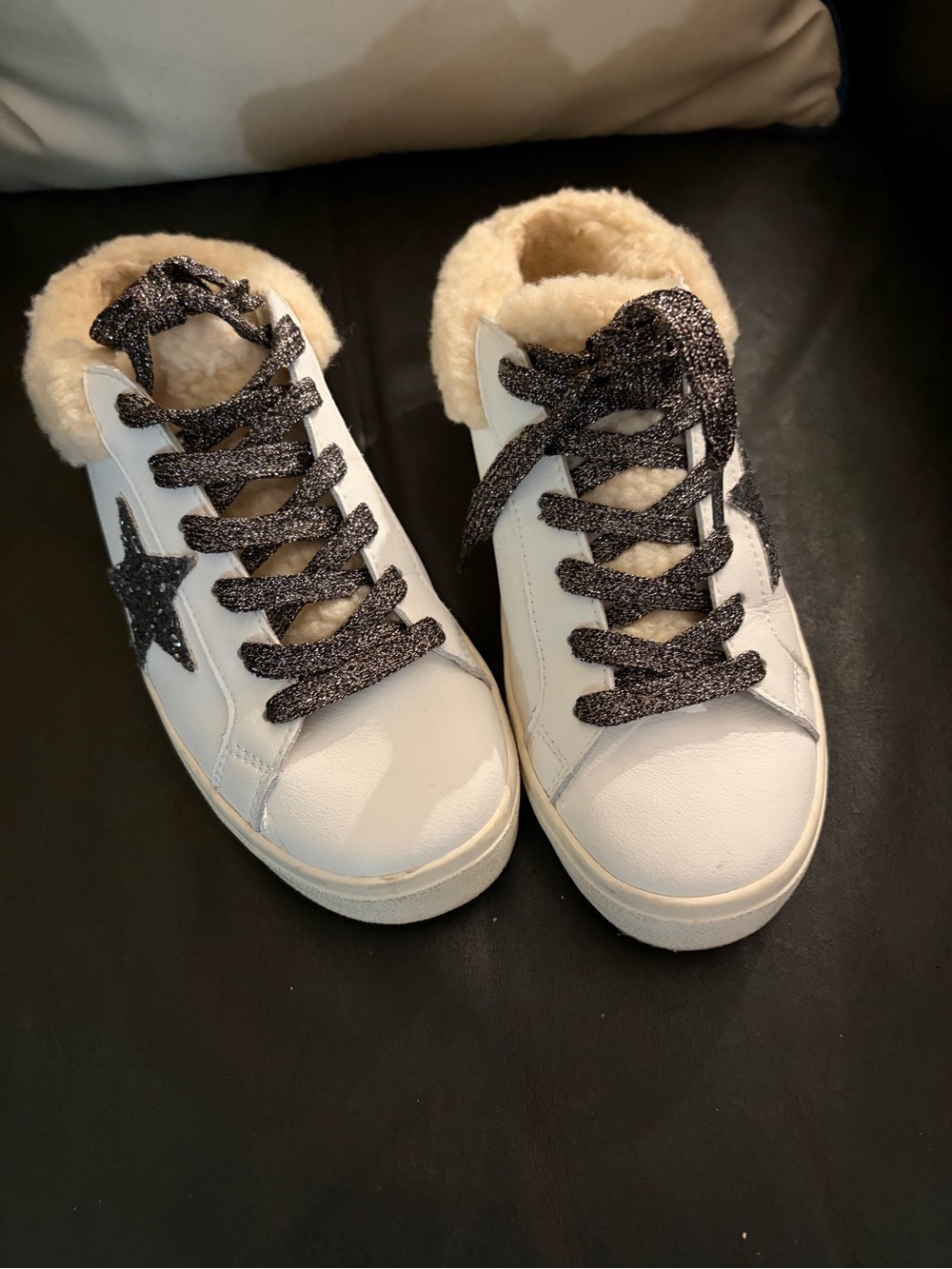 Woman’s Steve Madden White Faux Fur-Lined Sneakers with Black Glitter Star